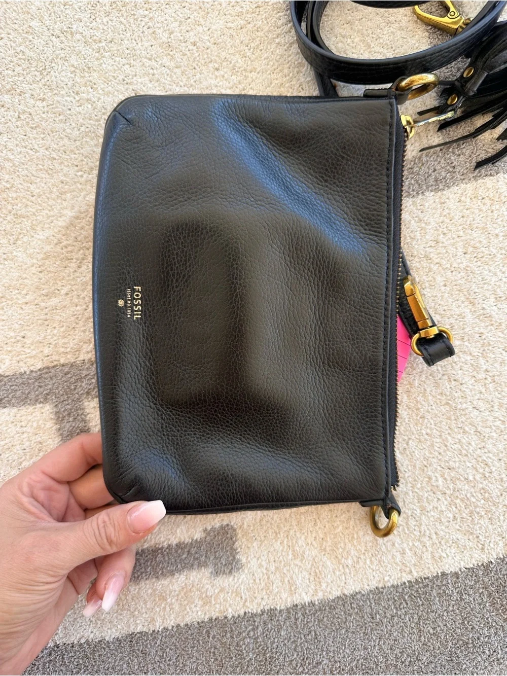 Fossil Black Leather Crossbody with Tassel and Gold Hardware
